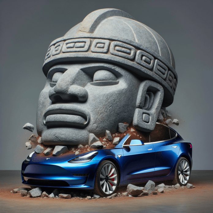 Il mese scorso, l'artista messicano Chavis Mármol ha realizzato una performance artistica audace schiacciando una replica di una testa olmeca del peso di nove tonnellate sopra una Tesla Model 3 blu. Il mese scorso, l'artista messicano Chavis Mármol ha realizzato una performance artistica audace schiacciando una replica di una testa olmeca del peso di nove tonnellate sopra una Tesla Model 3 blu.